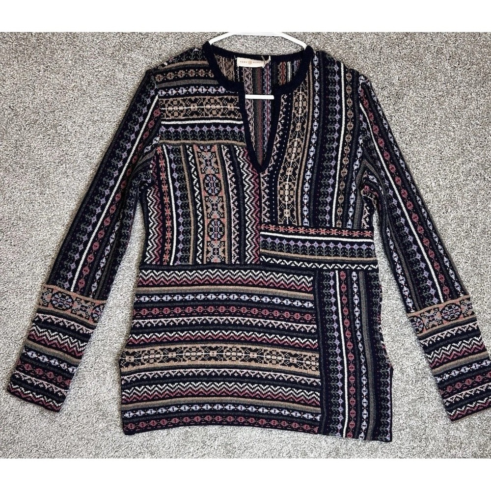 Tory Burch Fair Isle Patchwork Wool Tunic Sweater XS Geometric V Neck Boho